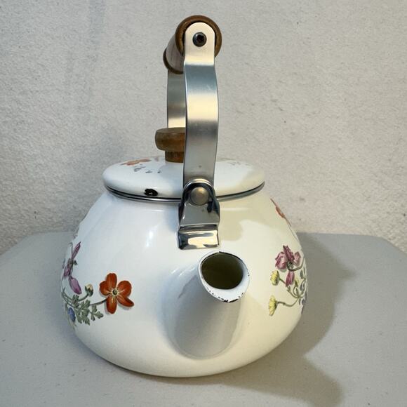 VTG Enamel White Stovetop Tea Pot Kettle Wood Handle Flowers Cottage Garden - Picture 3 of 8